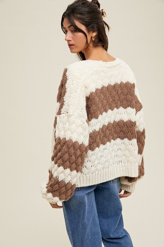 Women's cream and chocolate brown wide striped knit sweater cardigan by Entro showing back view