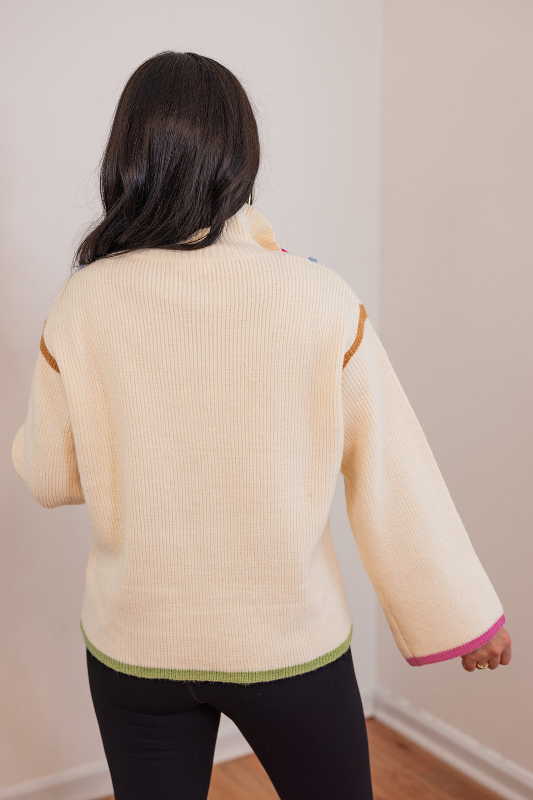 colorblock trim cream quarter zip sweater