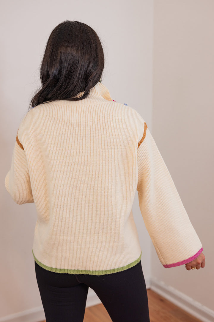 colorblock trim cream quarter zip sweater