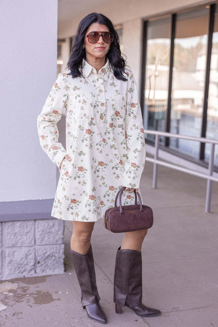 Women's trendy cream denim floral print dress with button front bodice by In February