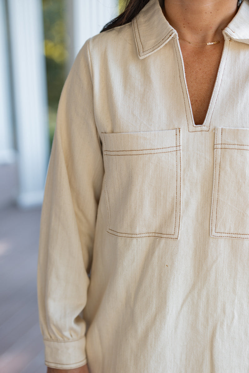 cream tan denim shift dress