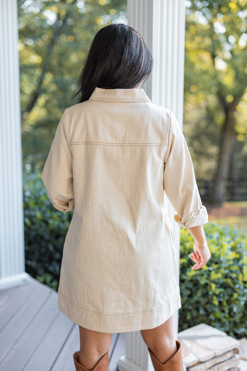 cream tan denim shift dress