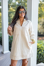 cream tan denim shift dress