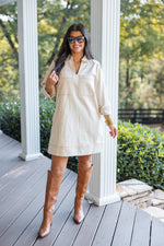 cream tan denim shift dress