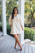 cream tan denim shift dress