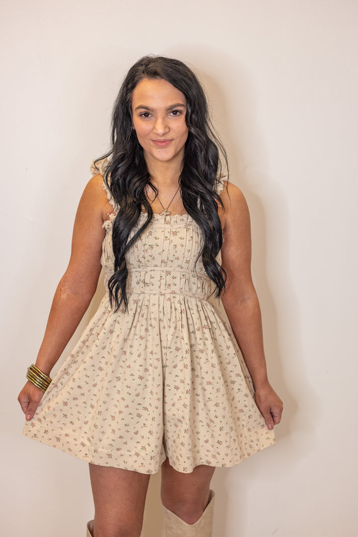 cream floral boho denim romper