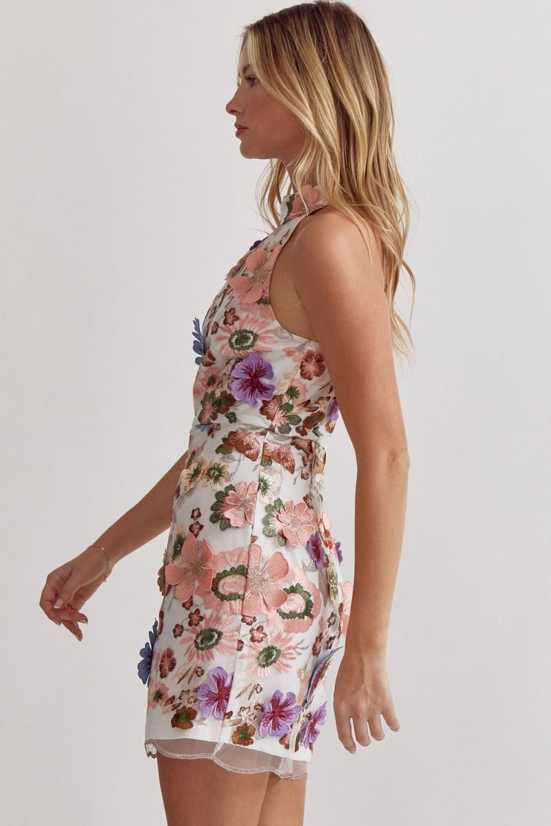 Entro Cream halter style dress with multicolor embroidered floral print and 3D details