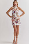 Entro Cream halter style dress with multicolor embroidered floral print and 3D details