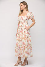 Fate by LFD Cream floral print embroidered midi dress with tie at waist