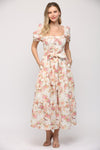 Fate by LFD Cream floral print embroidered midi dress with tie at waist