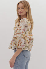 Entro Cream floral print peplum top with brown scalloped ric rac trim throughout