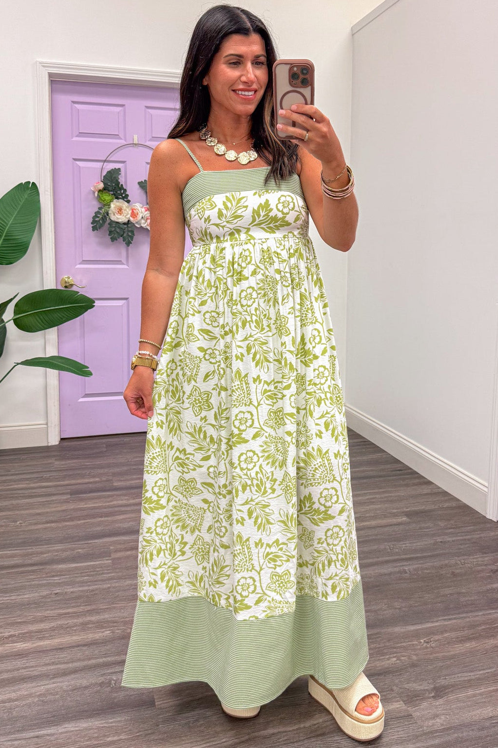 cream and light green floral striped sleeveless spaghetti strap maxi dress