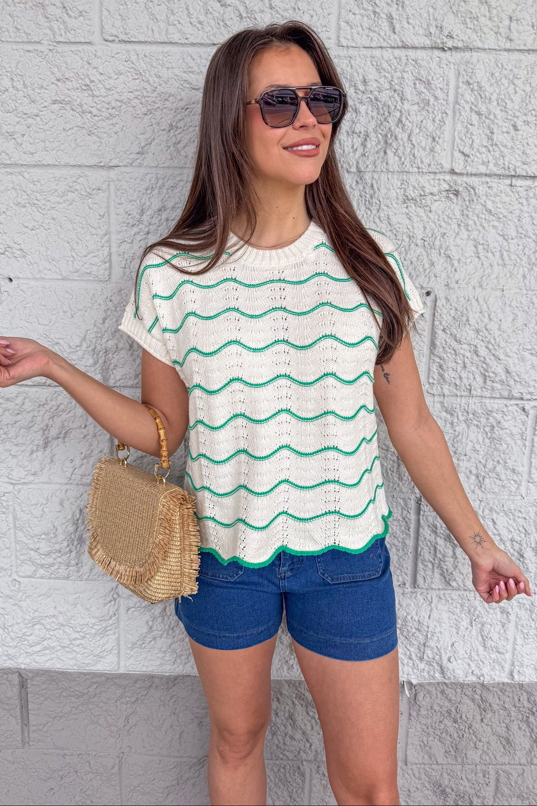 women's ivory and green crochet wave pattern knit top