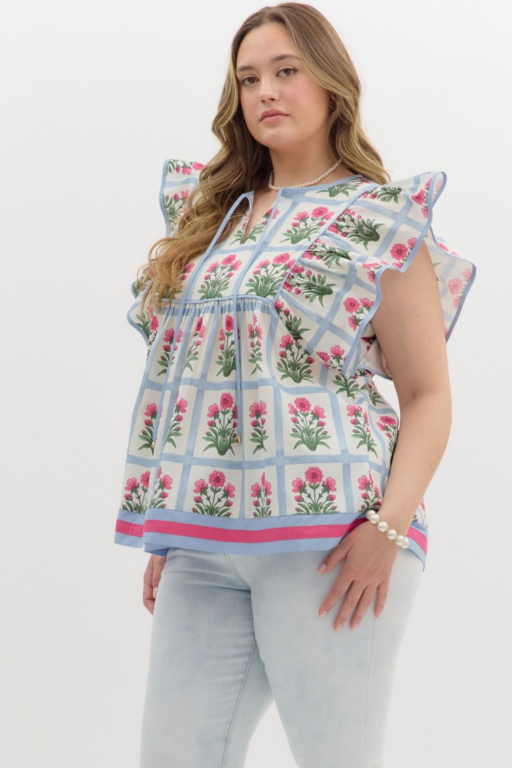 Entro blue square print Summer babydoll top with pink flowers in plus size showing slight side view