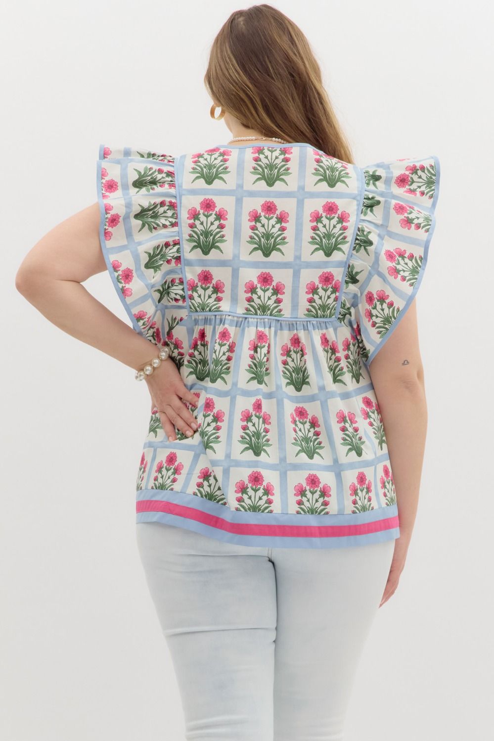 Entro blue square print babydoll top with pink flowers for Summer in plus size showing back view