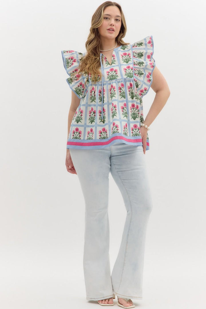 Entro blue square print babydoll Summer top with pink flowers in plus size showing full front view