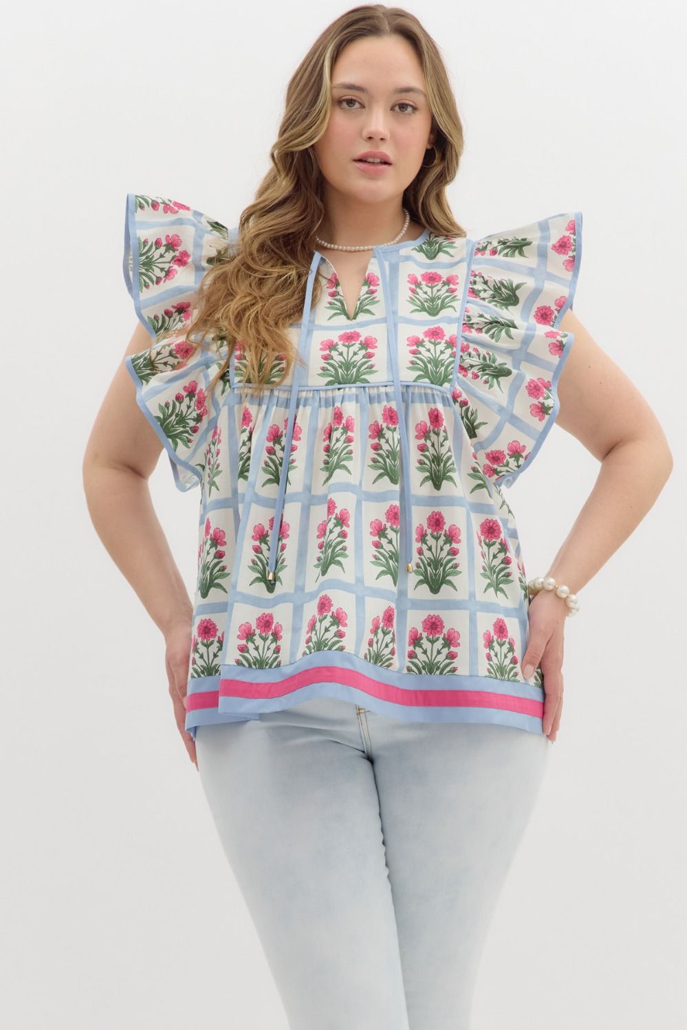 Entro blue square print babydoll top with pink flowers for Summer in plus size