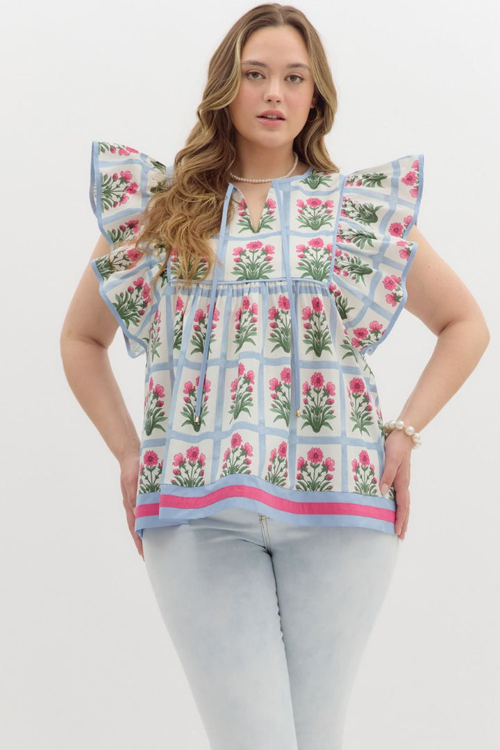 Entro blue square print babydoll top with pink flowers for Summer in plus size