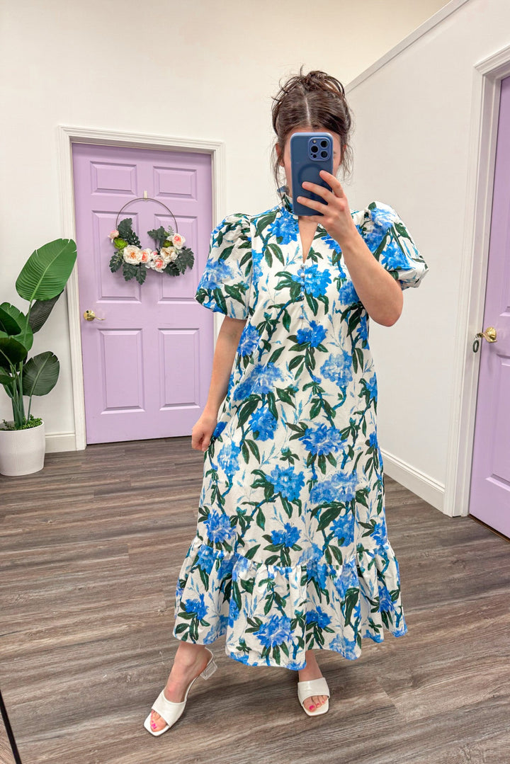 Women's blue green floral midi dress by Entro perfect for bridal showers