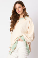 Fantastic Faen Cream knit pullover top with mint trim and waffle knit details