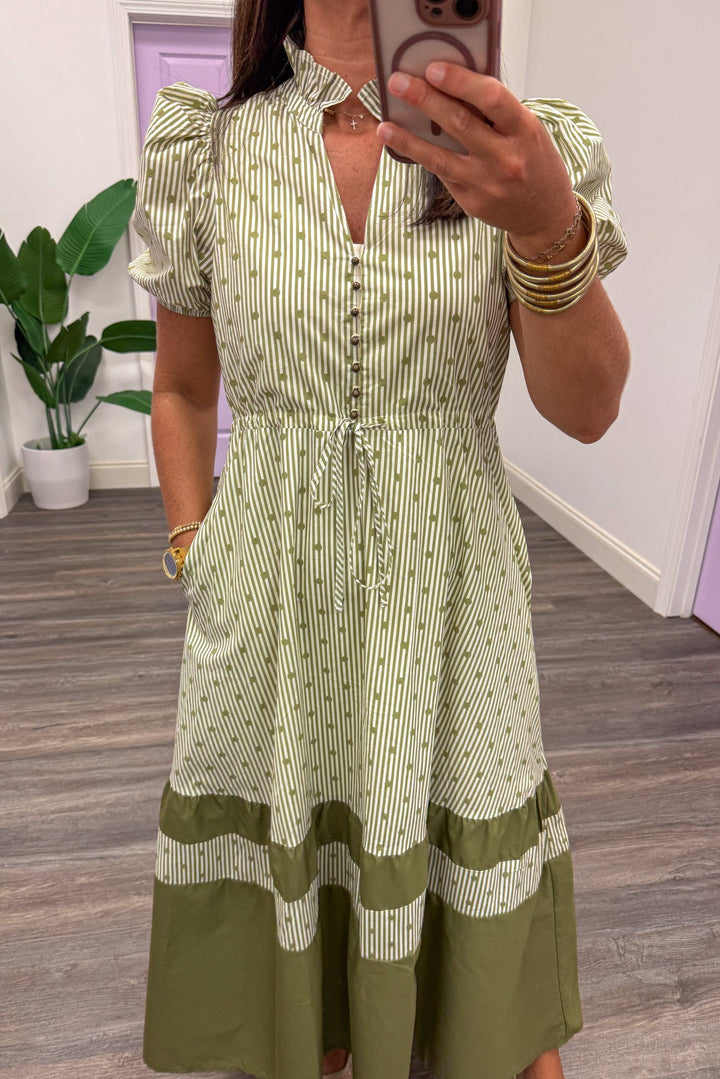 cream and olive green striped and polka dot print cinch waist button front bodice midi dress