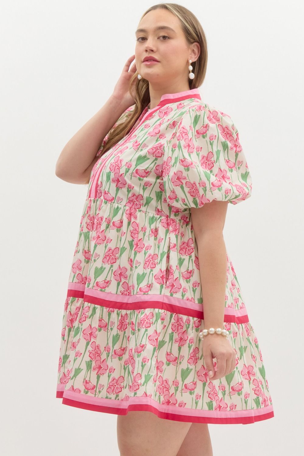 Entro Plus size  Cream tiered dress with pink and green floral print, and red trim