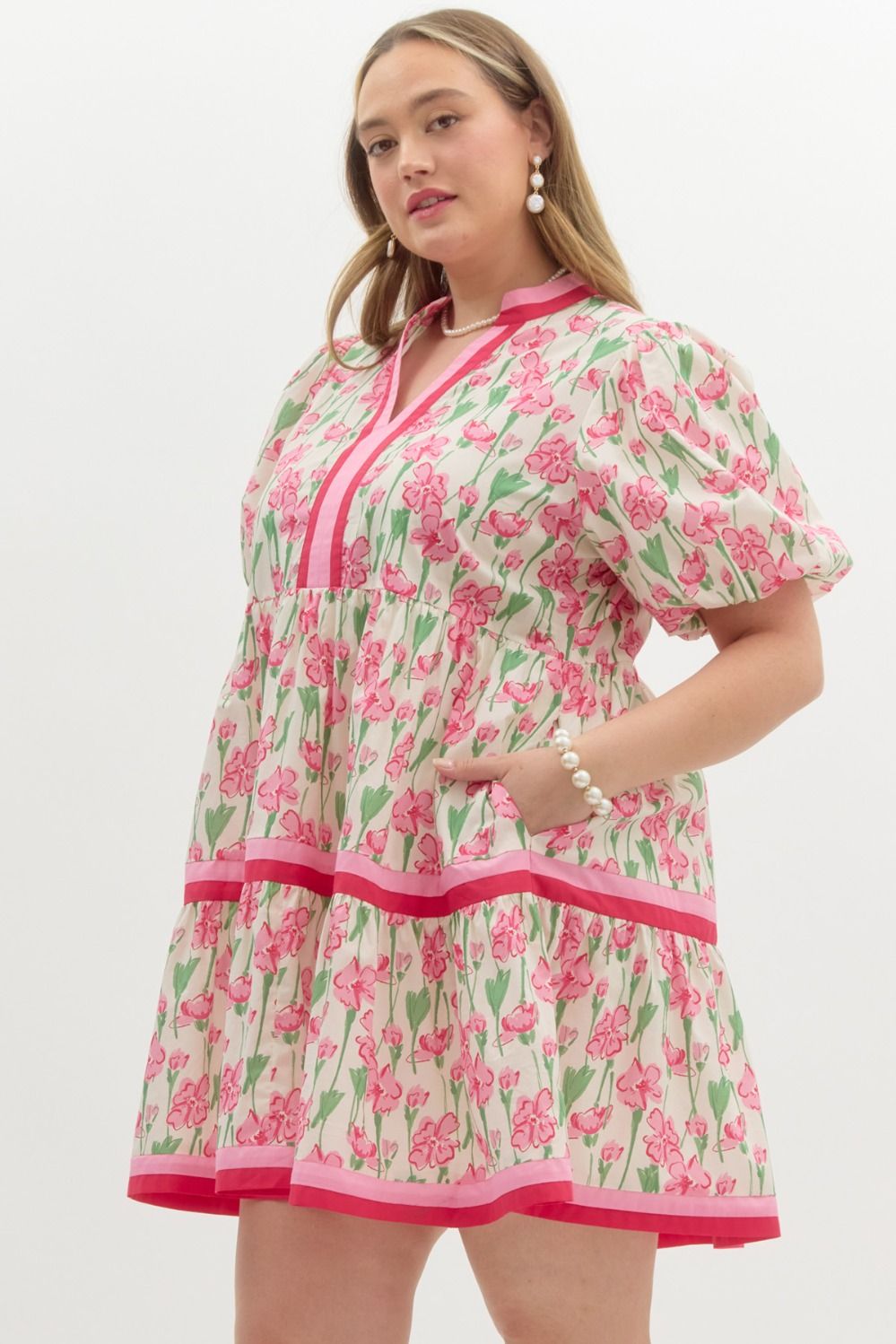Entro Plus size  Cream tiered dress with pink and green floral print, and red trim