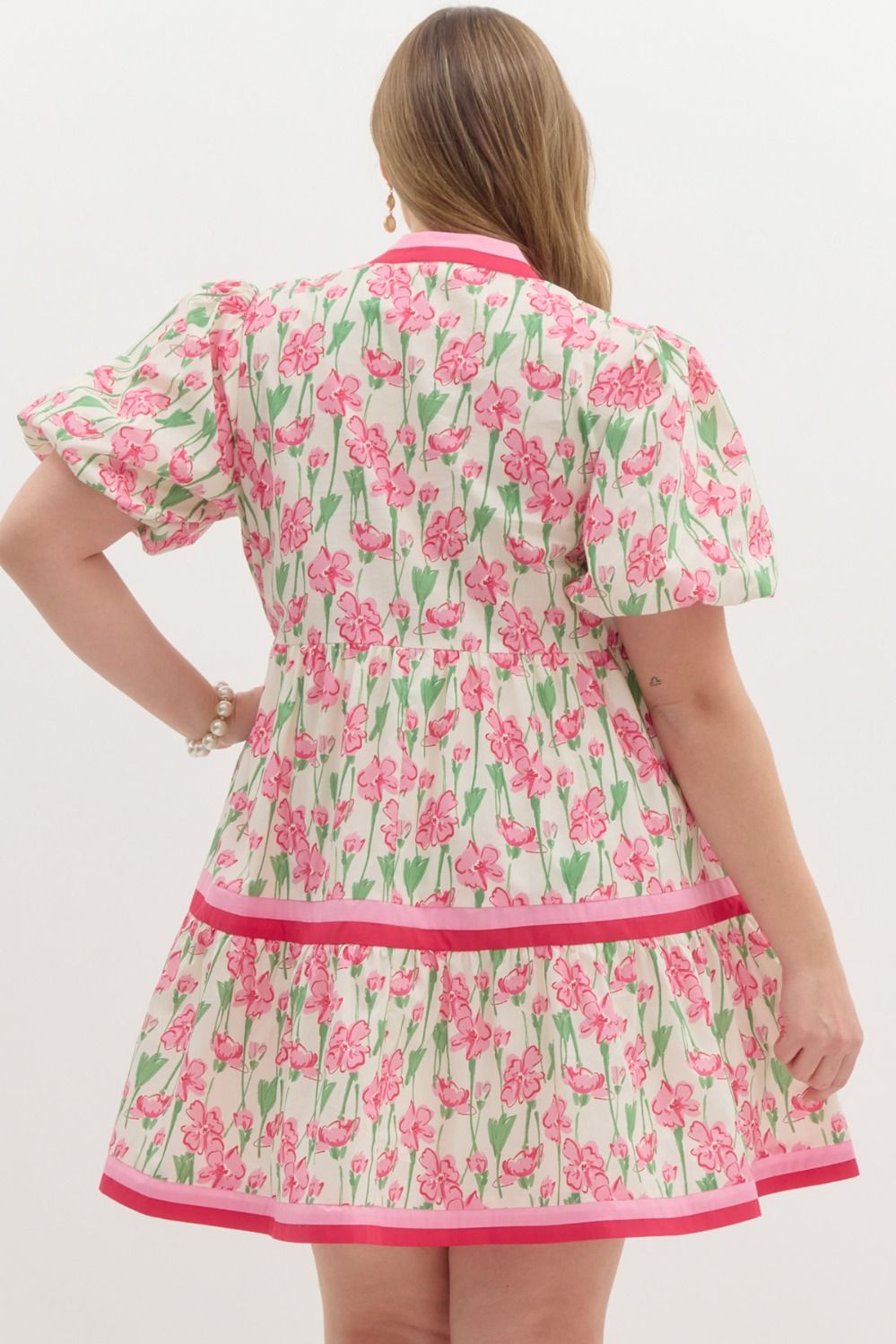 Entro Plus size  Cream tiered dress with pink and green floral print, and red trim