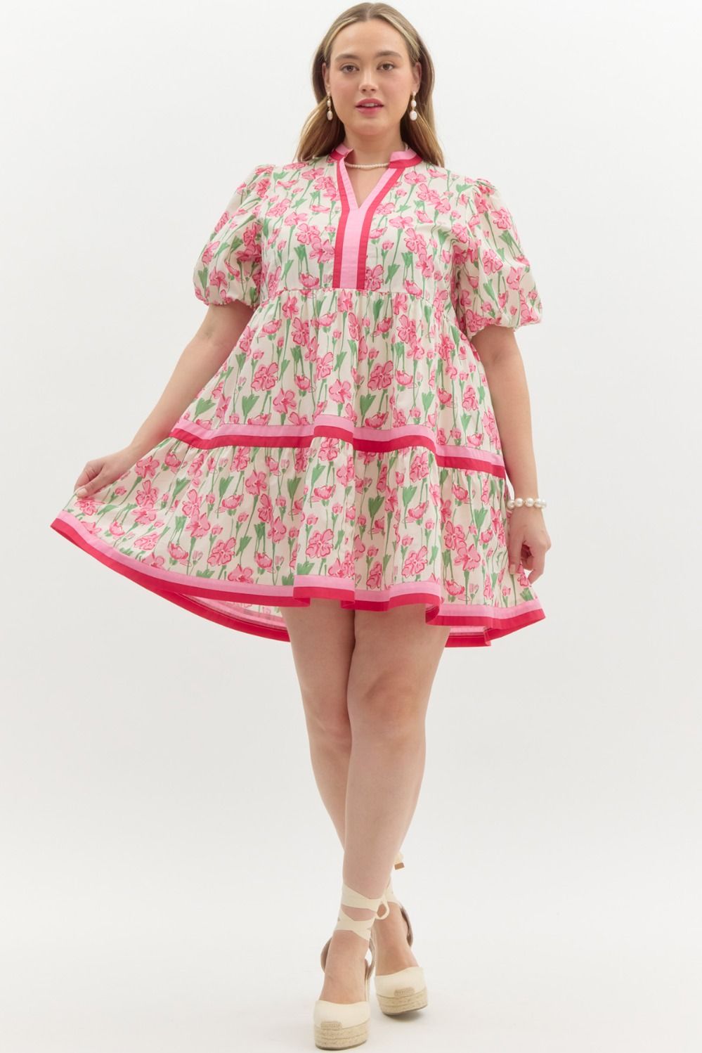 Entro Plus size  Cream tiered dress with pink and green floral print, and red trim