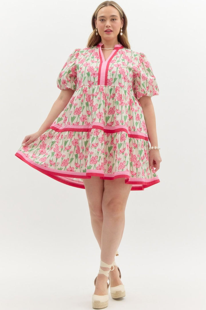Entro Plus size  Cream tiered dress with pink and green floral print, and red trim