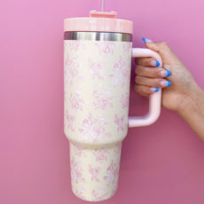 Rock Paper Scissors Cream 40 oz tumbler with pink floral print, pink lid, and a pink handle