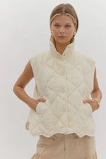 Entro Cream snap front quilted puffer vest with scalloped bottom hem