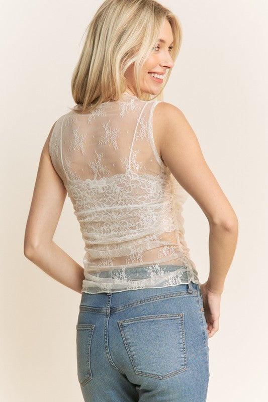 Women's sheer lace mesh sleeveless layering top in cream by Sweet Generis