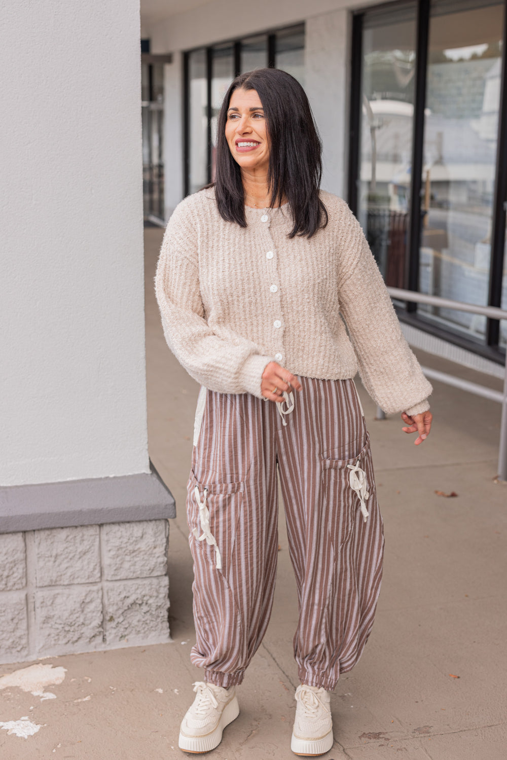 Women's trendy milk chocolate brown linen cargo jogger pants with cream stripes by ee:some, perfect for the pumpkin patch