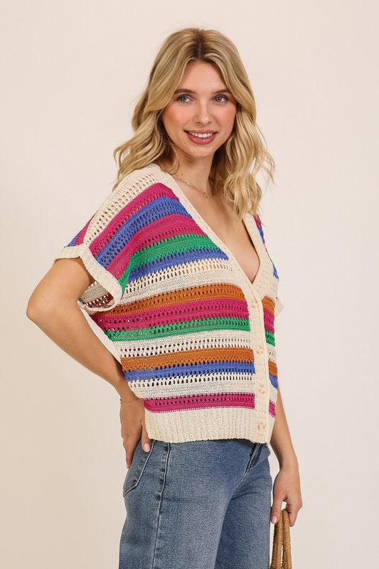Timing Cream crocheted knit button front top with multicolor stripes