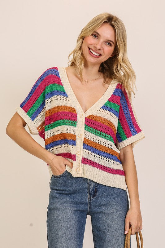 Timing Cream crocheted knit button front top with multicolor stripes