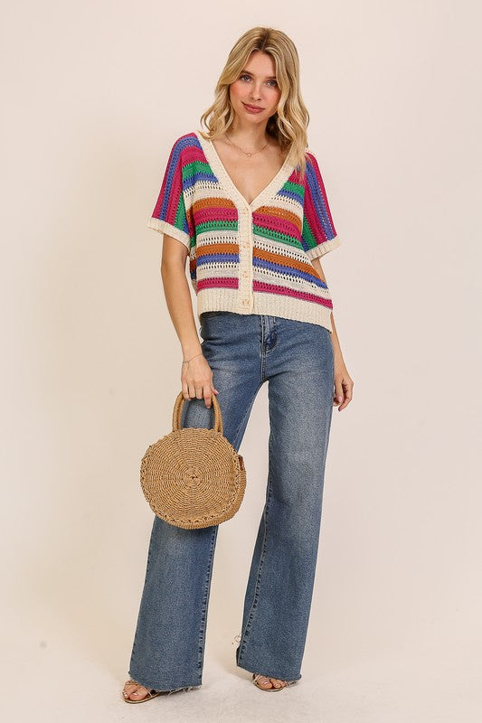 Timing Cream crocheted knit button front top with multicolor stripes