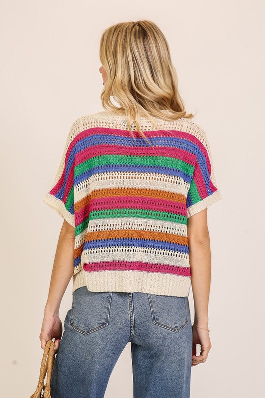 Timing Cream crocheted knit button front top with multicolor stripes