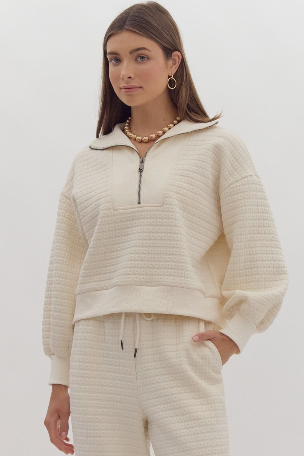 Entro Cream textured knit quarter zip long sleeve semi-cropped top