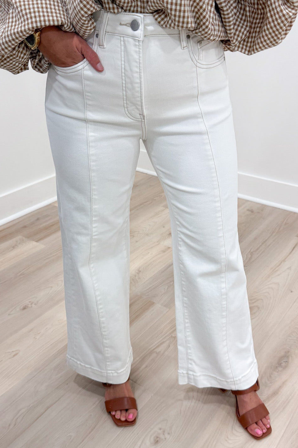 solid cream wide leg ankle cropped tummy control denim jeans with front pockets