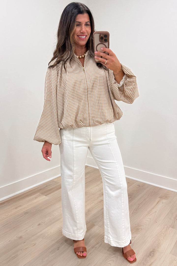 solid cream wide leg ankle cropped tummy control denim jeans with front seam detail