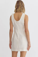 Entro Cream woven textured knit dress beaded pearl details