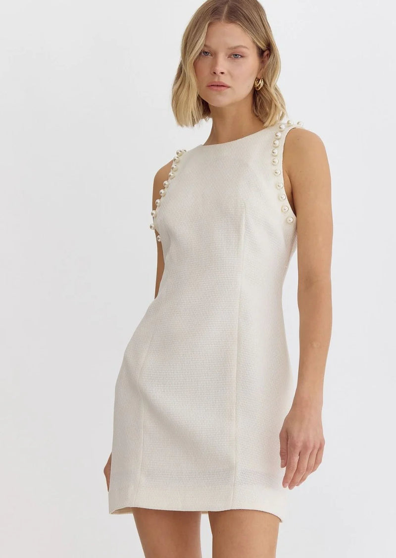 Entro Cream woven textured knit dress beaded pearl details