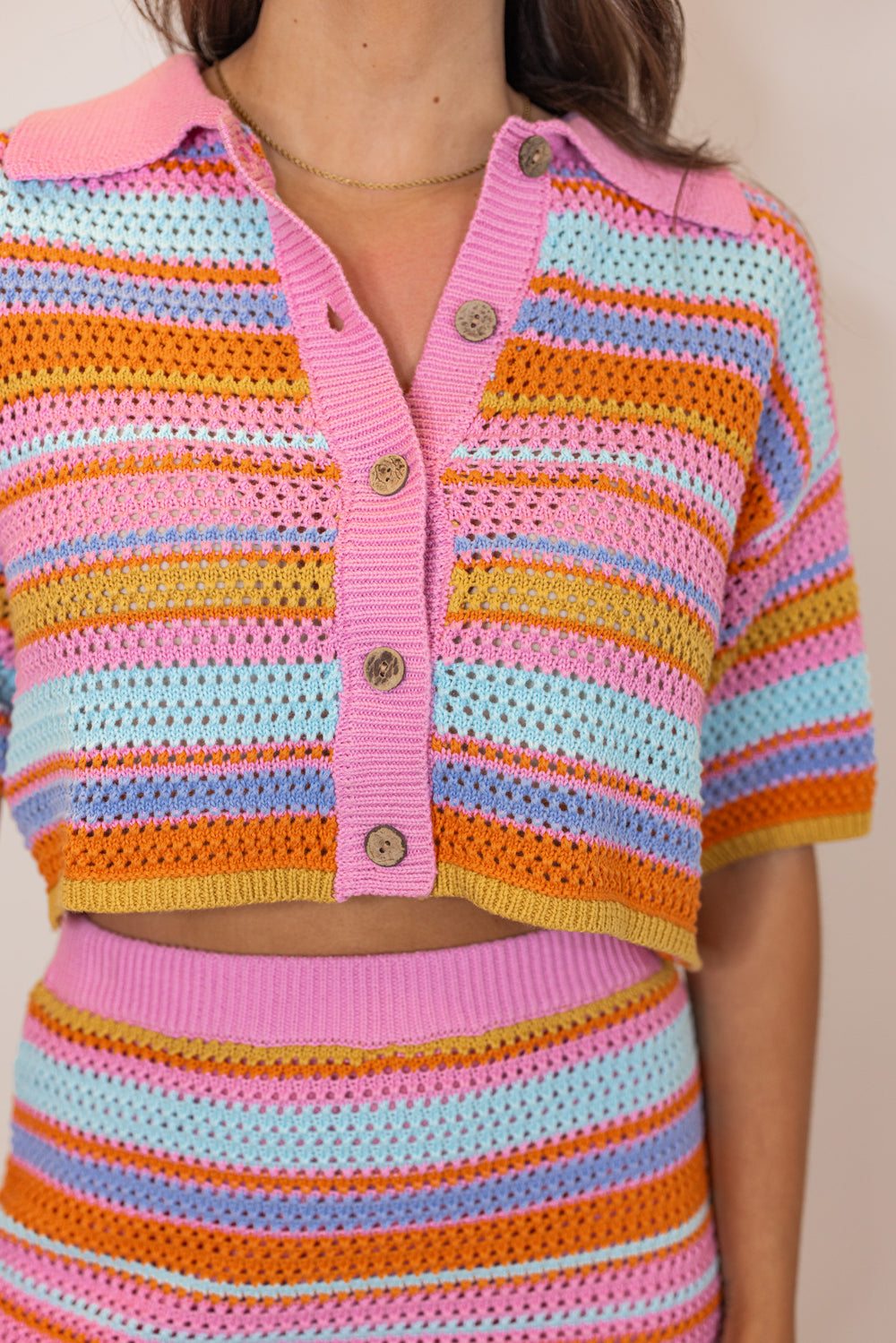 pink striped summer knit skirt set