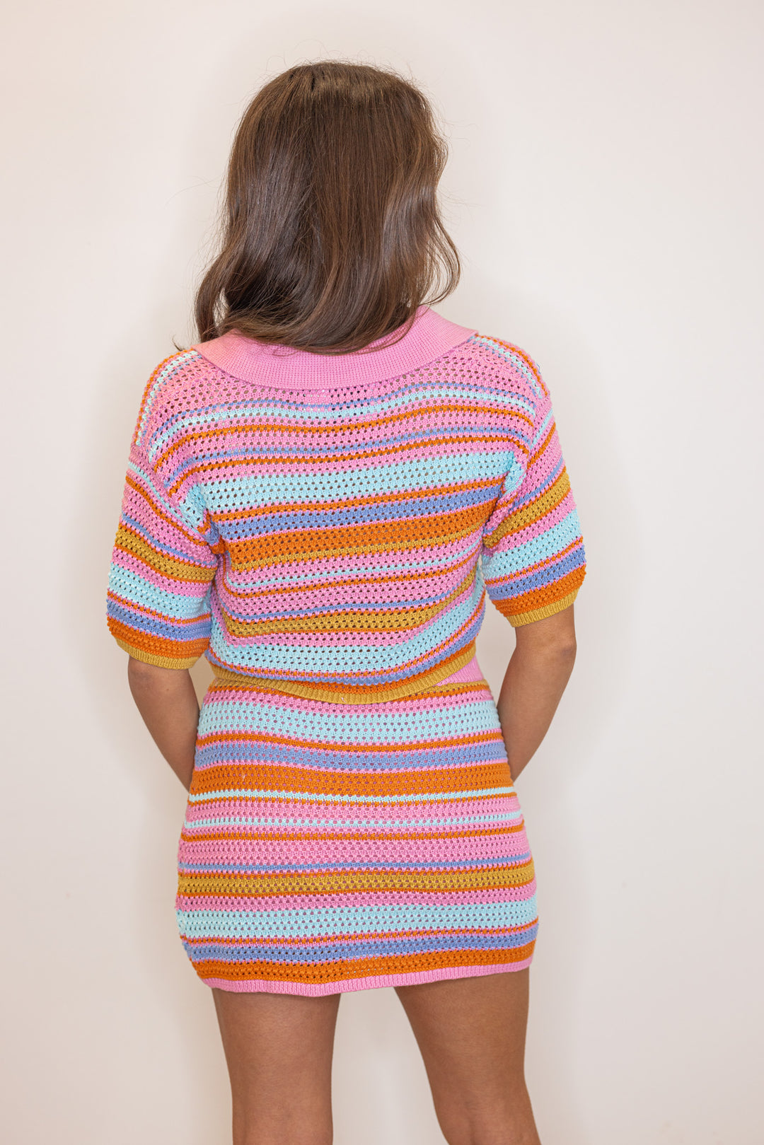 pink striped summer knit skirt set