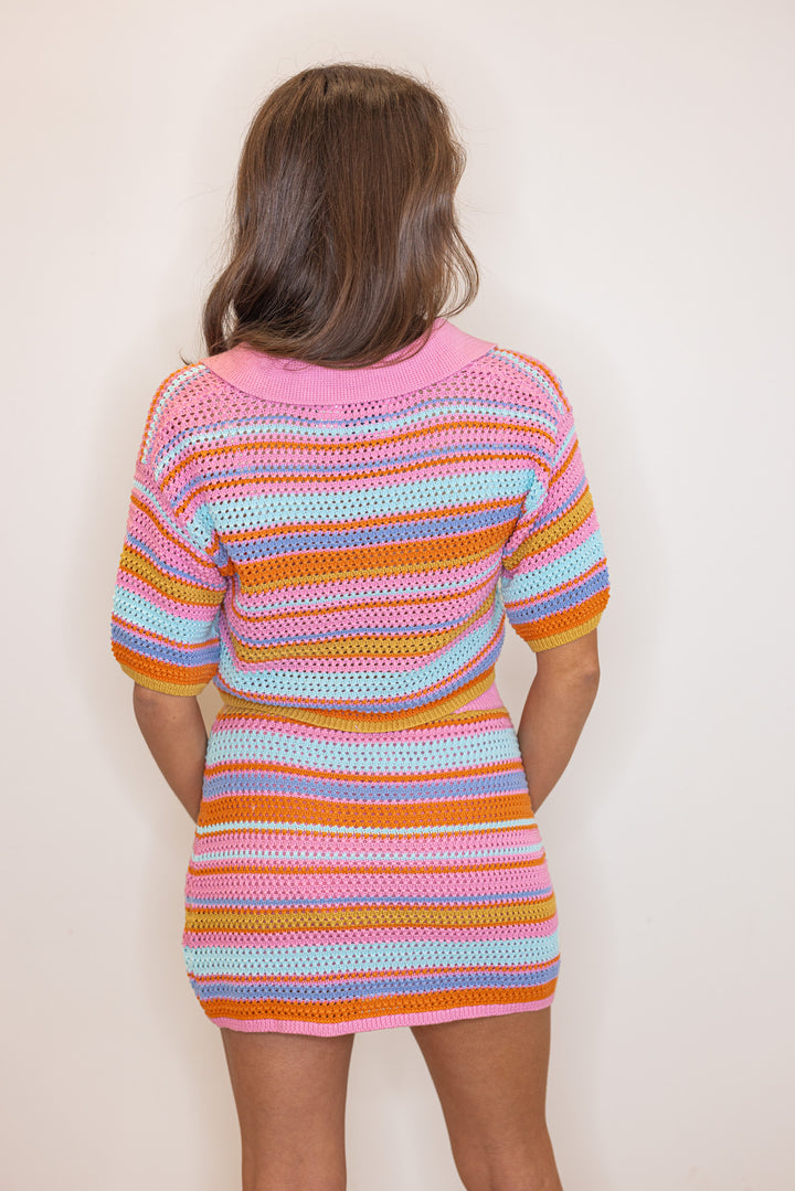 pink striped summer knit skirt set