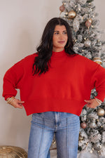 red cropped mock neck sweater