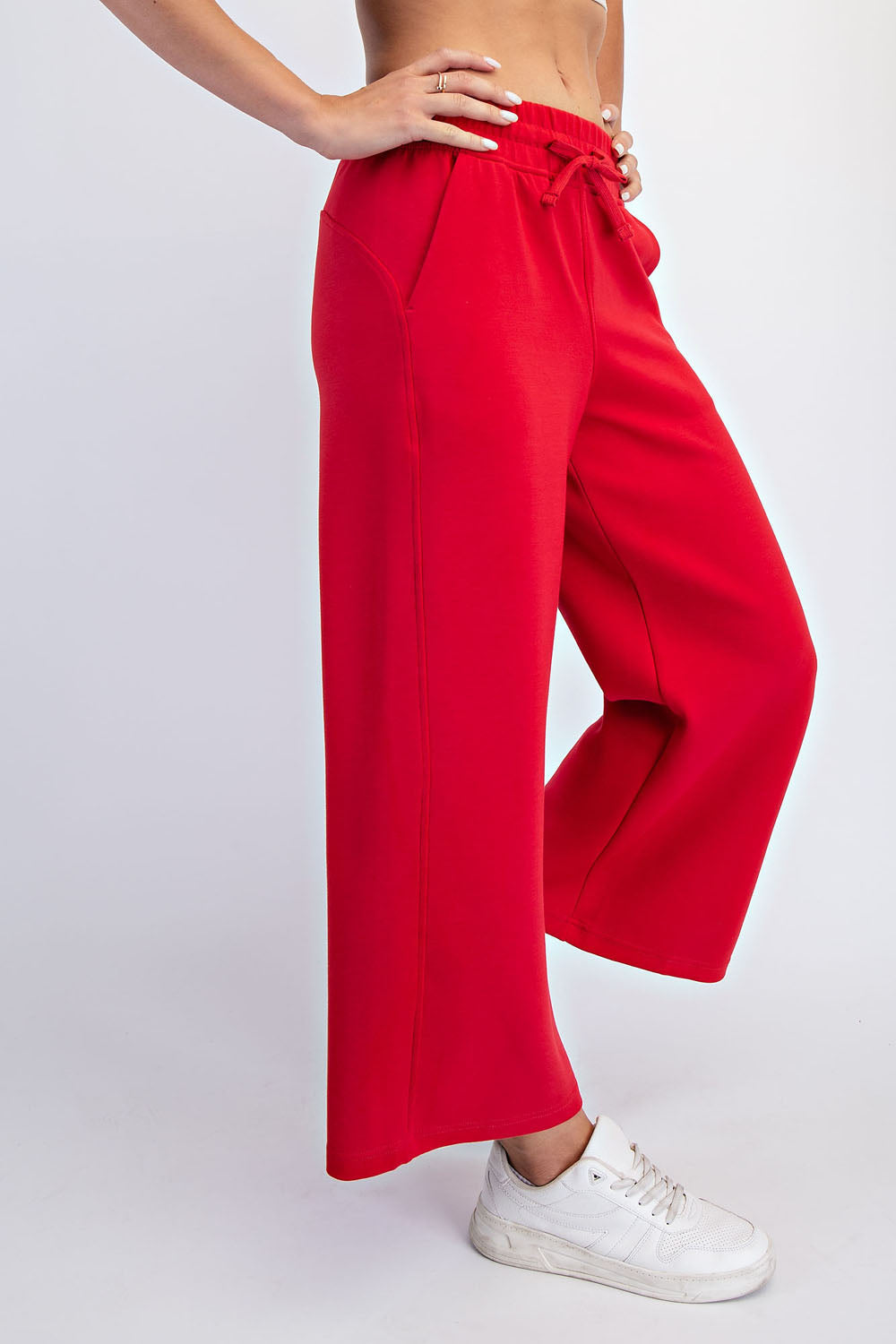 cropped wide leg red scuba knit rae mode pants side view