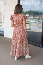 brown dainty floral print smocked waist midi dress