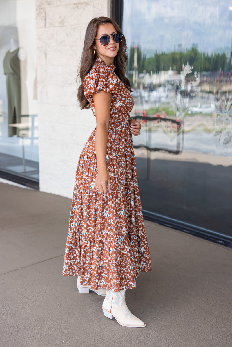 brown dainty floral print smocked waist midi dress